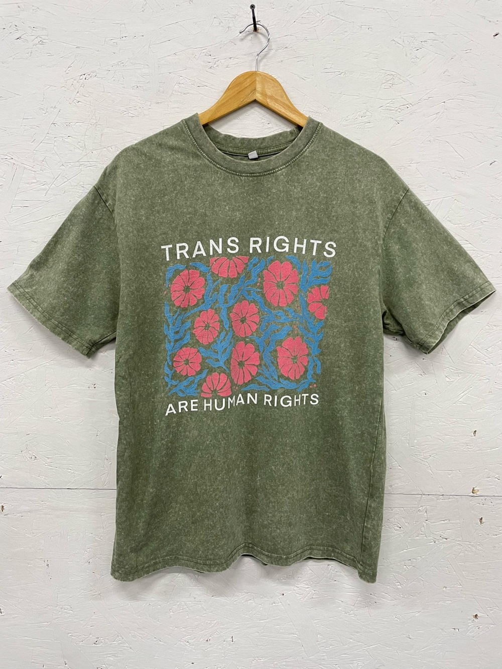 Trans Rights are Human Rights Tee, Size M, Green Stonewash